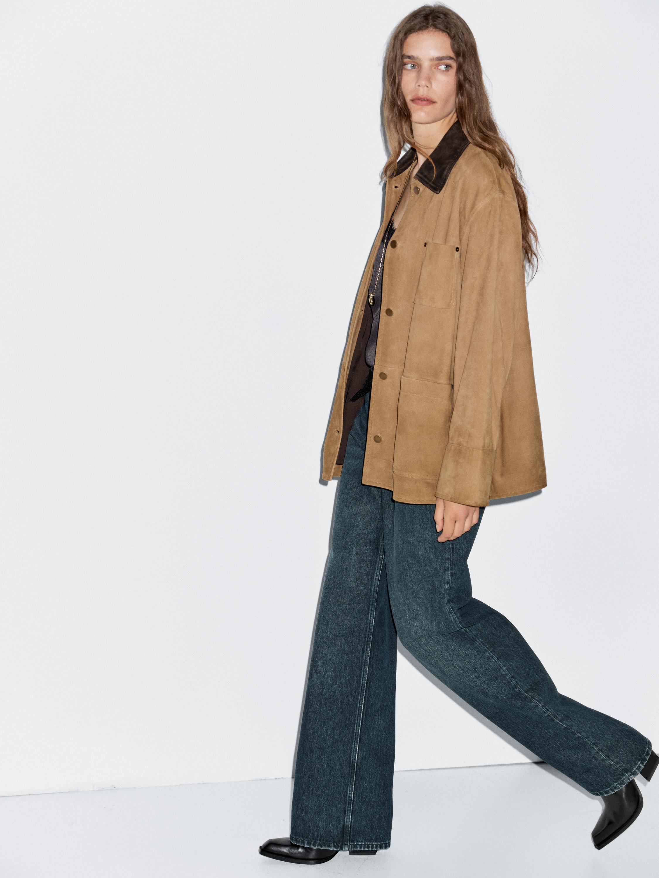 Suede leather jacket with collar detail